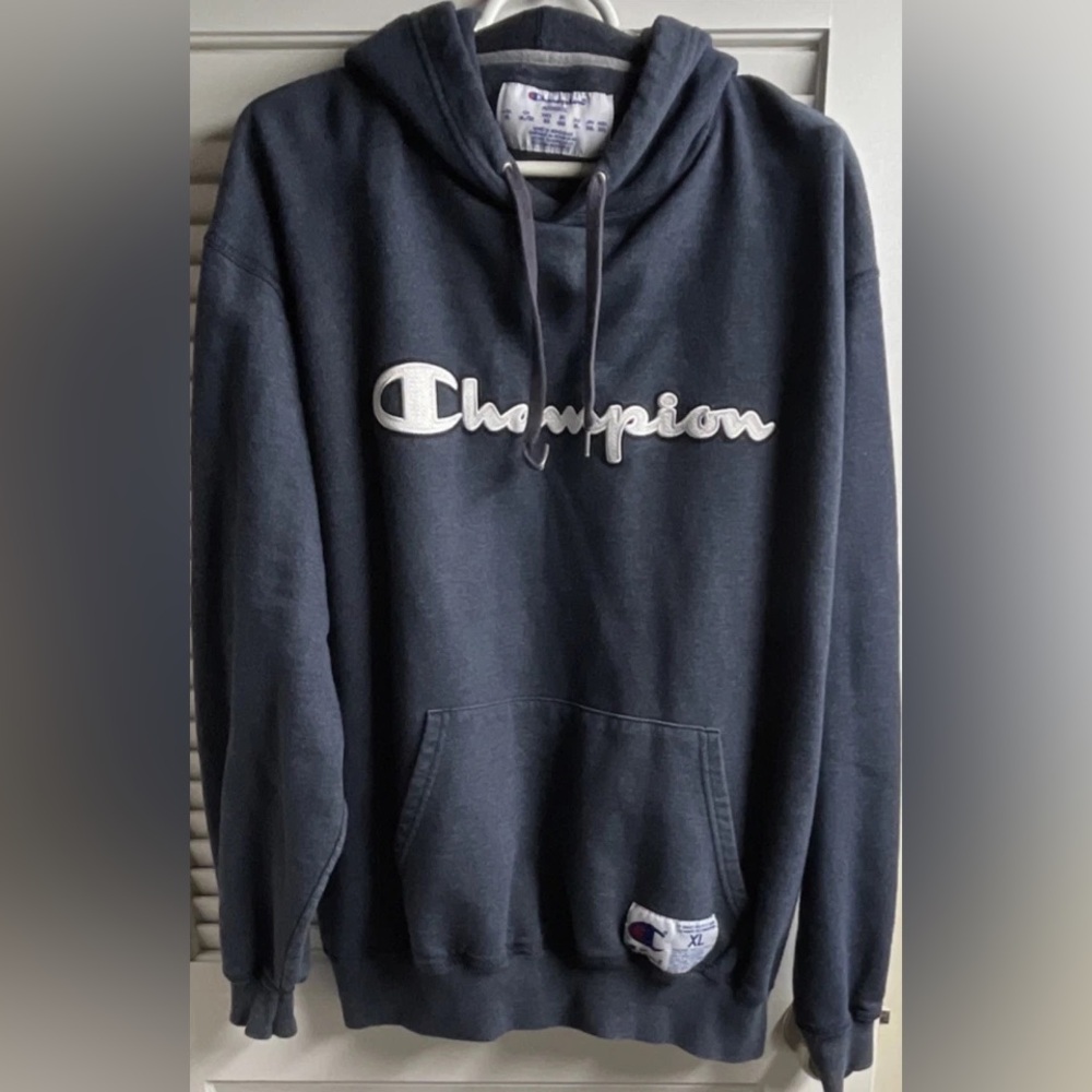 Rare Vintage 1990 Champion Reverse Weave Navy Hoodie Sweatshirt Men's XL Logo